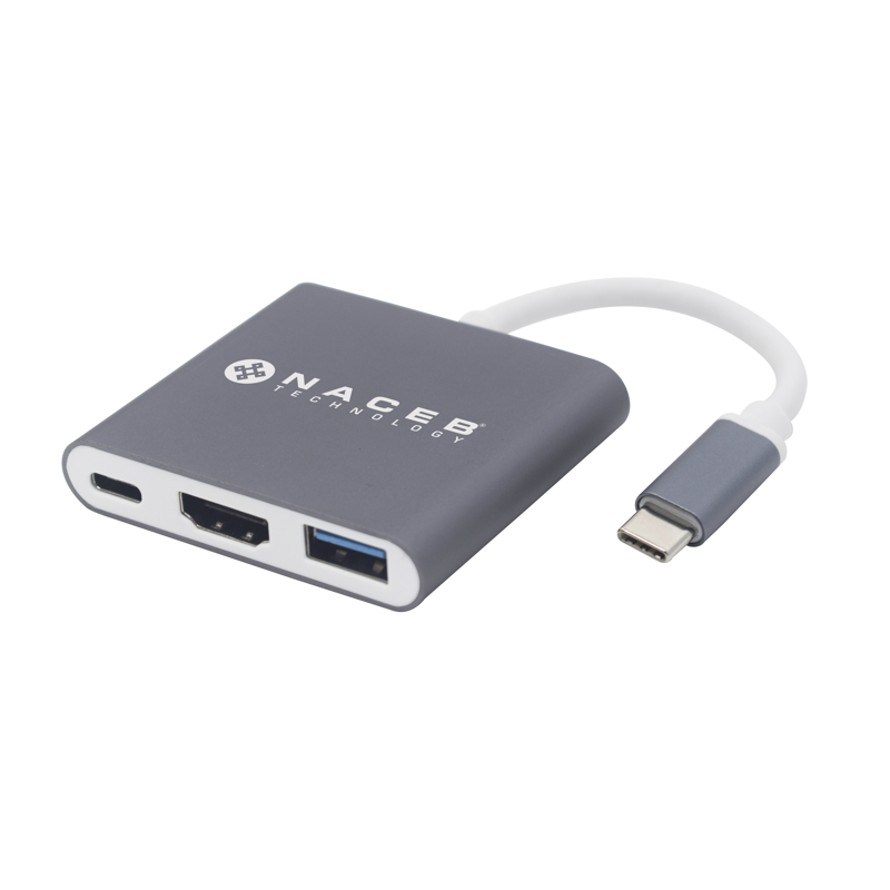 Adaptador Tipo C a HDMI + USB 3.0 + PD Naceb Technology NA-0111, Plata, USB C, HDMI + USB 3.0 + PD