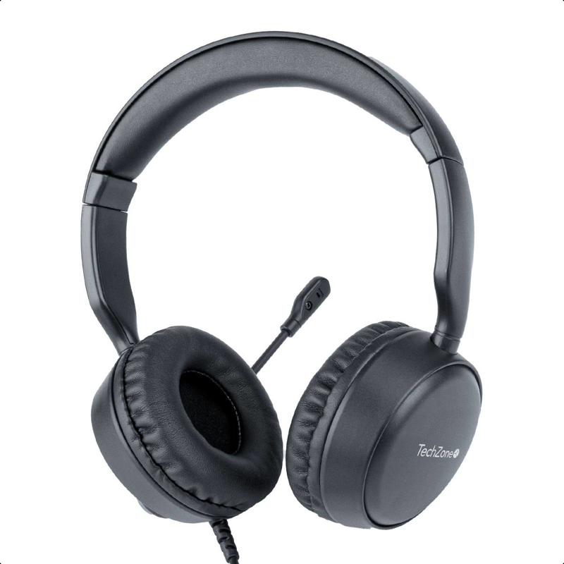 Diadema alámbrica con micrófono TZACDII02 TechZone, color negro, conexión USB-A, banda para cabeza acojinada, Impedancia de micrófono de 2200 W