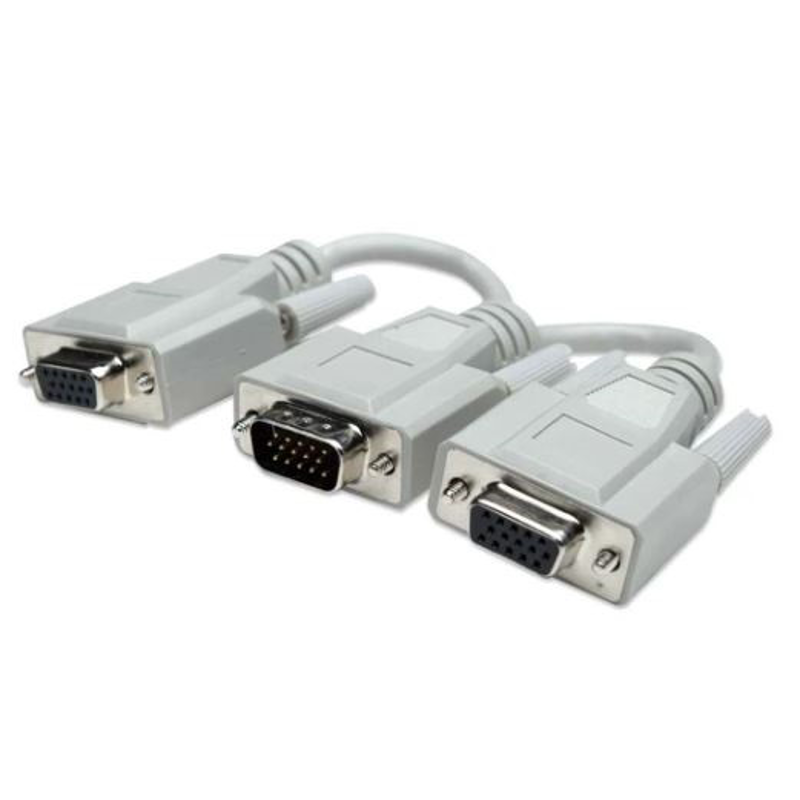 328302 Cable Y para VGA, Conecta una fuente VGA a dos cables de monitor VGA, Longitud 15cm, Color Gris.