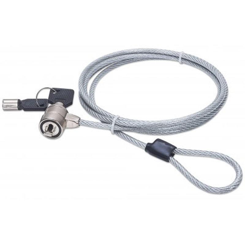 440271 Candado para Laptop con cerradura de llave, cable de acero y recubrimiento PVC transparente de 1.5mts de largo.