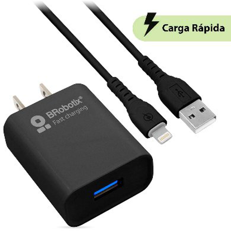 COMBO CARGA RÁPIDA: CARGADOR USB V3.0 + CABLE LIGHTNING. NEGRO (6001356), Brobotix