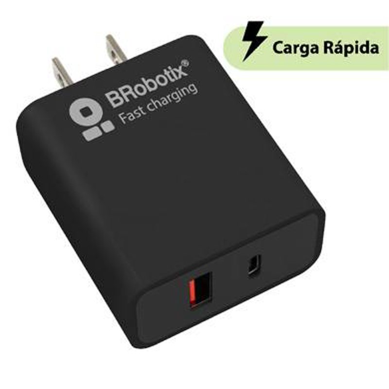 CARGADOR CARGA RÁPIDA, DUAL USB V3.0, 18W, 1 PUERTO TIPO A Y 1 PUERTO TIPO C, COLOR NEGRO, BROBOTIX 6006658