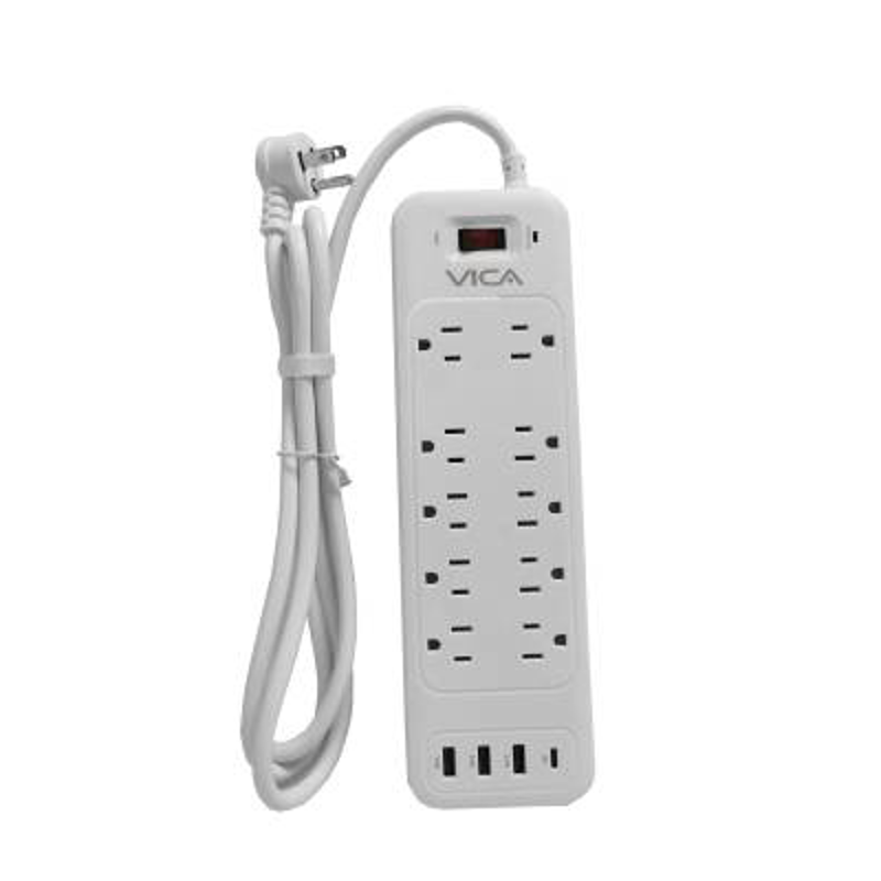 Centro de carga 9P VICA para protección contra sobretensiónes, 10 NEMA 5-15R con supresor de picos, 3 puertos USB-A y 1 USB-C. -Montaje pared