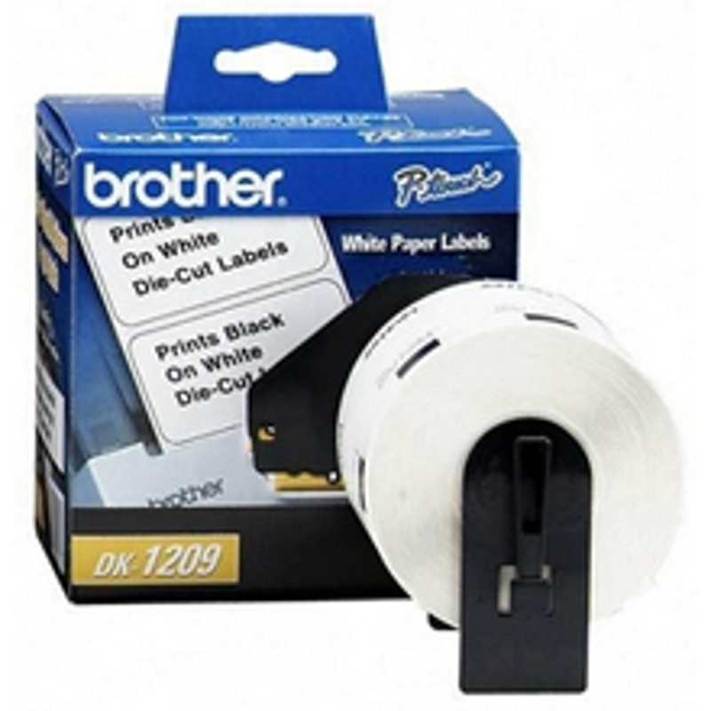 Etiqueta blanca de papel Brother DK1209, 800 etiquetas de 28.9 mm de ancho x 62 mm de largo. Impresión en negro. QL800 / QL810W / QL1110NWB.