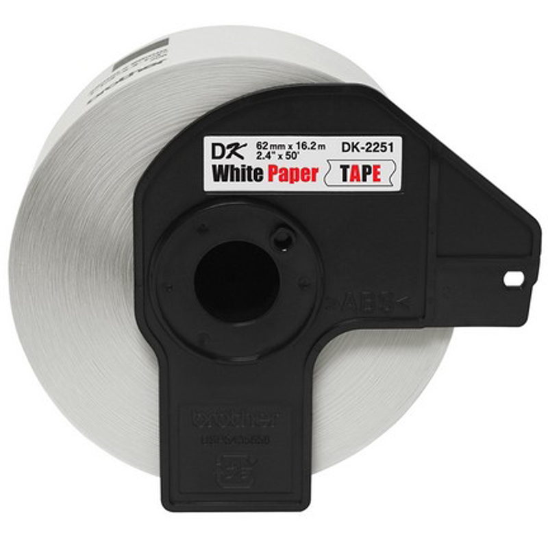 Etiqueta blanca continua de papel Brother DK2251 de 62 mm de ancho x 15.2 mts de largo. Impresión en negro/rojo. QL800 / QL810W