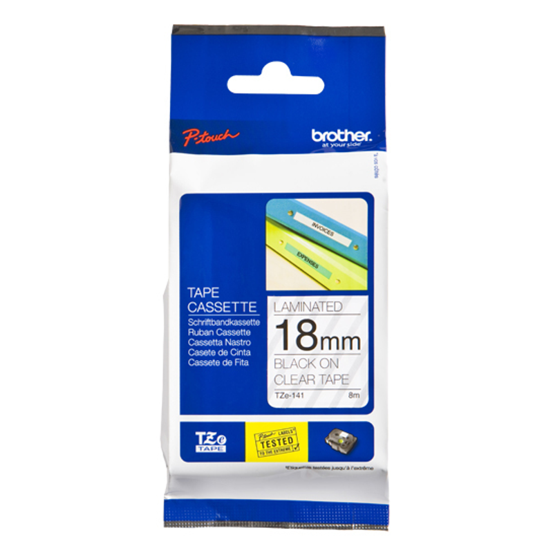 Etiqueta clara continua laminada Brother TZE141, de 18 mm de ancho x 8 mts de largo. Impresión en negro.