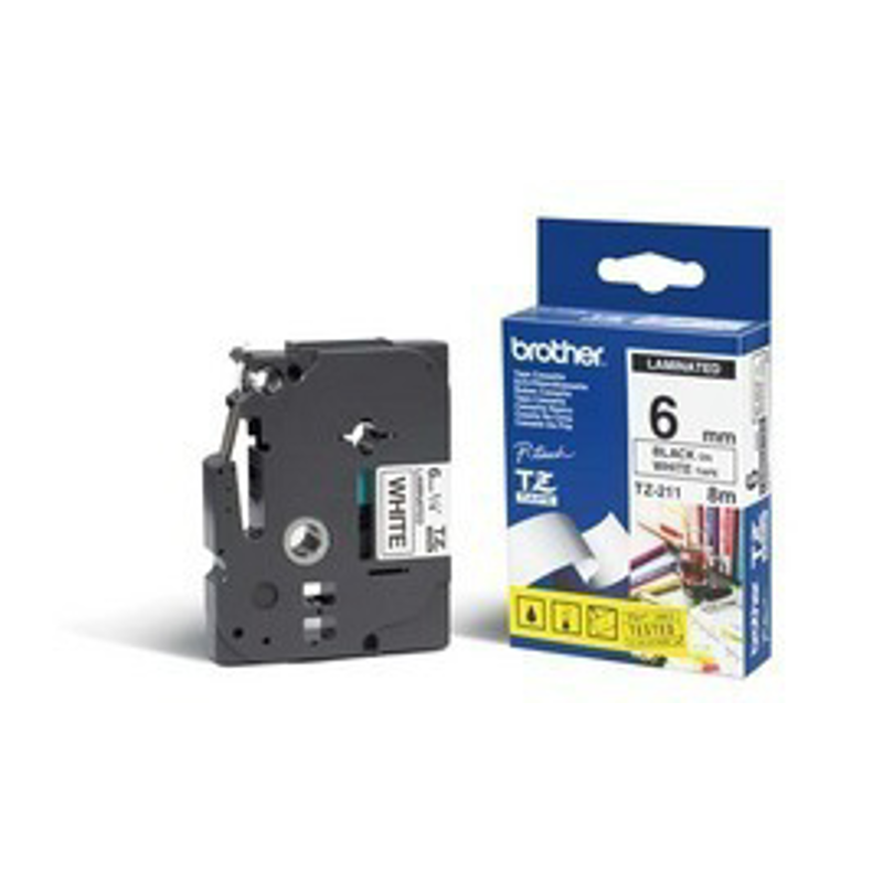Etiqueta blanca continua laminada Brother TZE211, de 6 mm de ancho x 8 mts de largo. Impresión en negro.