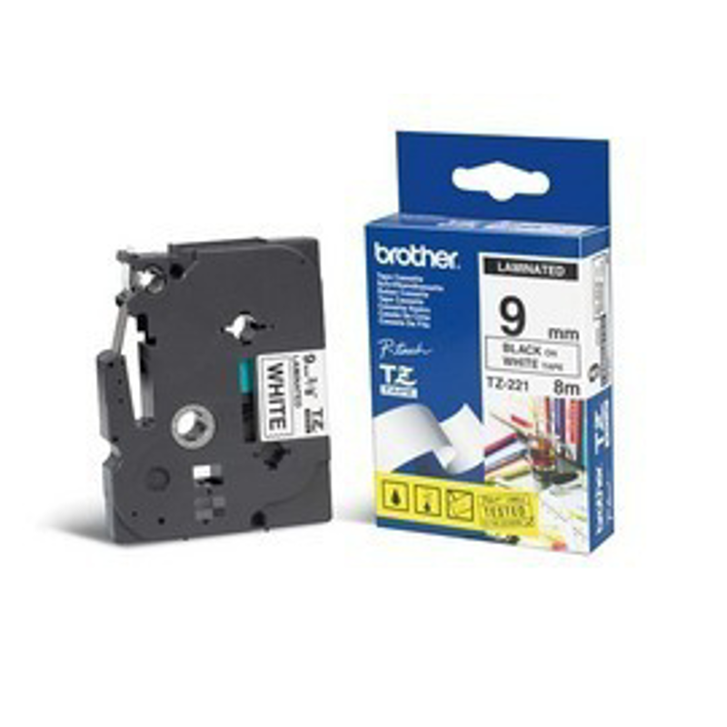 Etiqueta blanca continua laminada Brother TZE221, de 9 mm de ancho x 8 mts de largo. Impresión en negro.