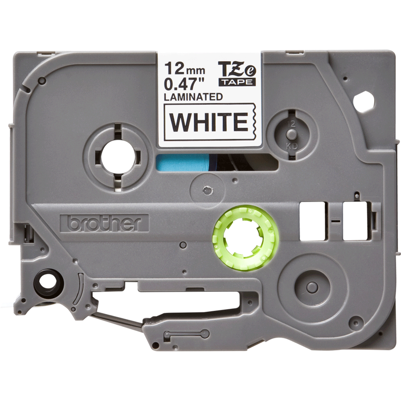 Etiqueta blanca continua laminada Brother TZE231, de 12 mm de ancho x 8 mts de largo. Impresión en negro.