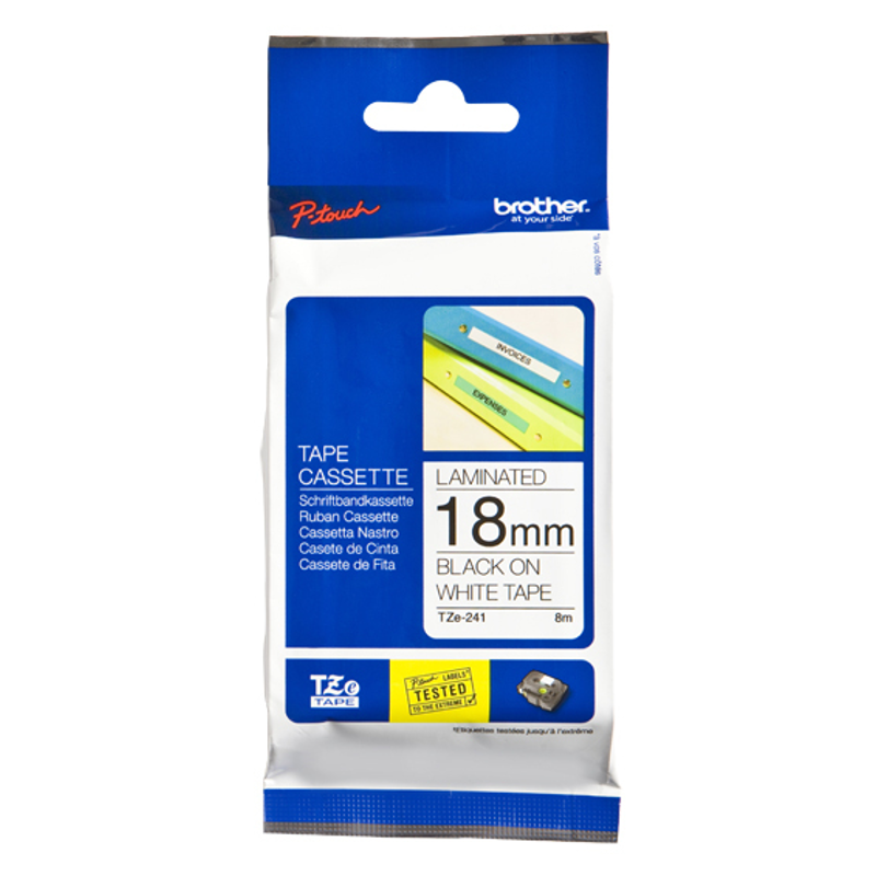 Etiqueta blanca continua laminada Brother TZE241, de 18 mm de ancho x 8 mts de largo. Impresión en negro.