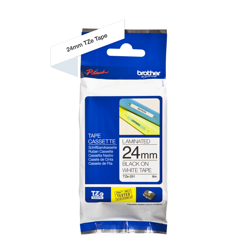 Etiqueta blanca continua laminada Brother TZE251, de 24 mm de ancho x 8 mts de largo. Impresión en negro