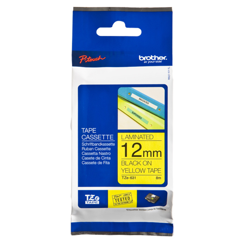 Etiqueta amarilla continua laminada Brother TZE631, de 12 mm de ancho x 8 mts de largo. Impresión en negro.