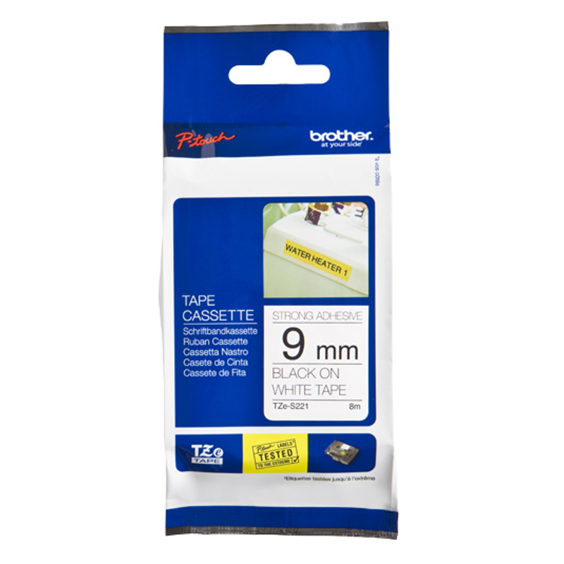 Etiqueta blanca continua laminada con adhesivo super resistente Brother TZES221, de 9 mm de ancho x 8 mts de largo. Impresión en negro.
