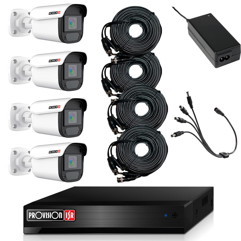 KIT de Videovigilancia de 4 cámaras de 2 MP Policarbonato, 4 cables siamés de 20 metros, fuente de 12V/3A, pulpo de 4 salidas, No incluye HDD