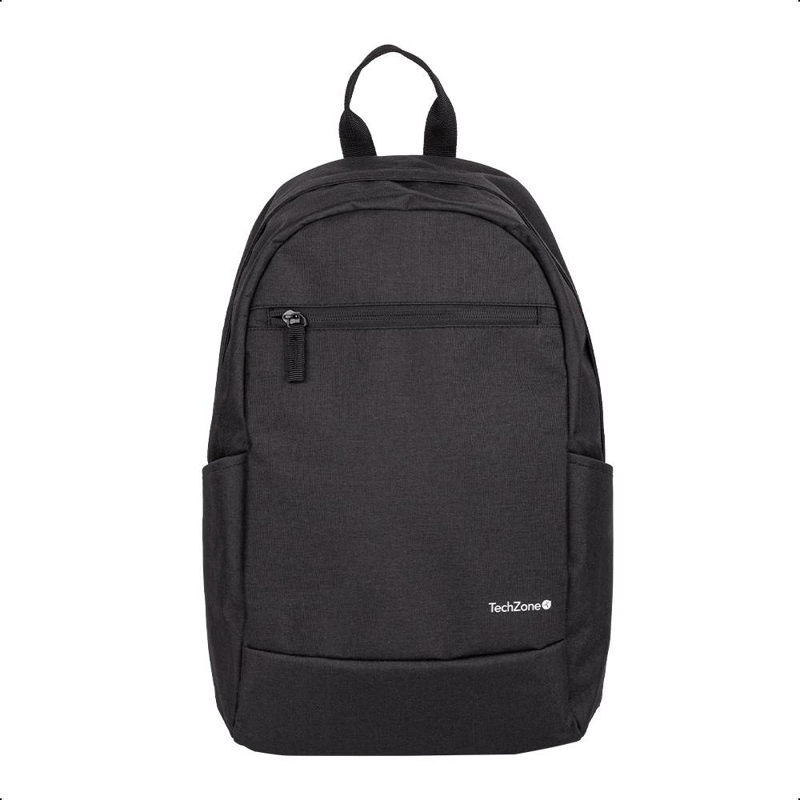 Backpack Basic Black TechZone TZLBP15 15.6 pulgadas, color negro, 2 bolsos laterales y 1 frontal, tirante acojinado. GARANTIA LIMITADA DE POR VIDA
