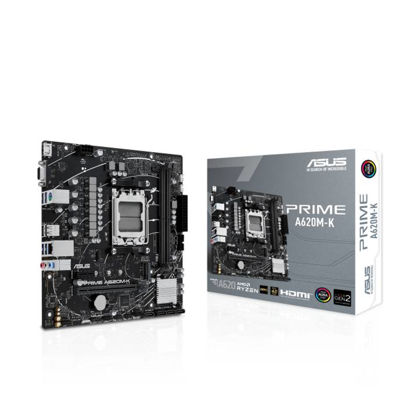 Tarjeta Madre ASUS PRIME A620M-K, mATX, AMD, Ryzen series 7000/8000,PCIe 4.0 M.2, DisplayPort, HDMI™, USB 3.2 Gen 1 Tipo-A, SATA 6 Gbps, Aura Sync