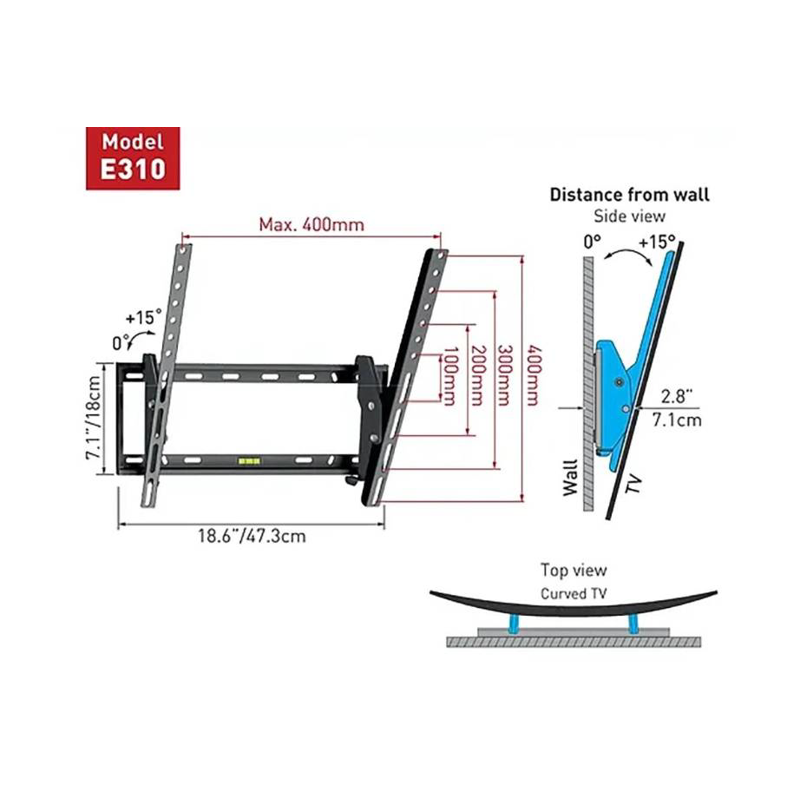 Soporte de Pared Barkan E310+ para Pantalla Curvo/Plano 19 - 65, hasta 50Kg, Negro