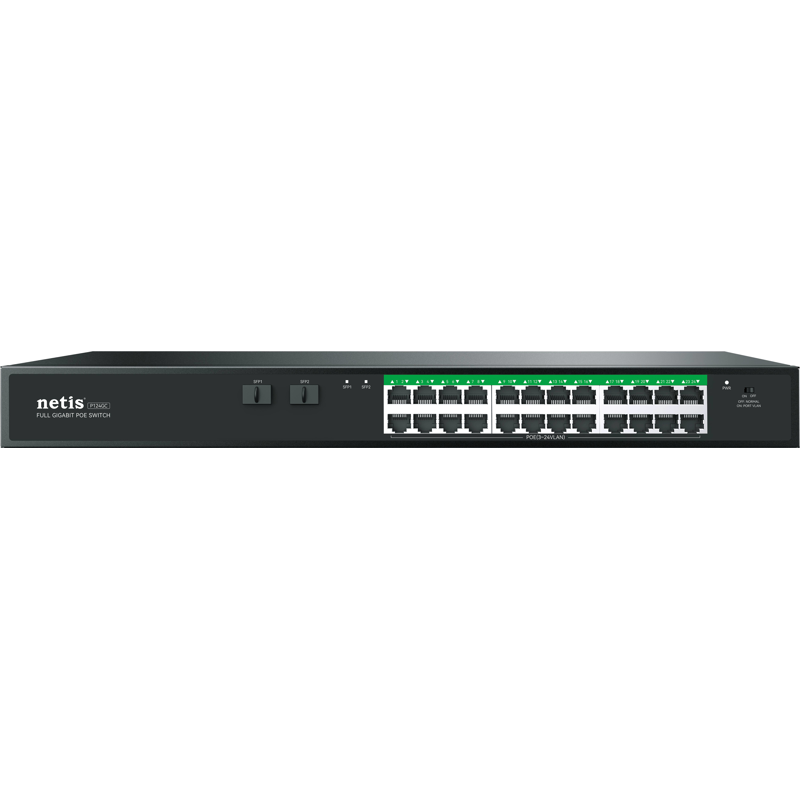 Netis Switch POE P124GC, 24 Puertos POE y 2 Puertos SFP, 360W, 1000 Mbps, Watch Dog, Plug & Play, 250 Mts de alcance en transmisión, No Administrable