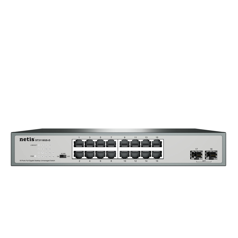 Switch NETIS modelo ST3118GS-D, 16 Puertos y 2 Puertos SFP Gigabit, montable en rack, No administrable