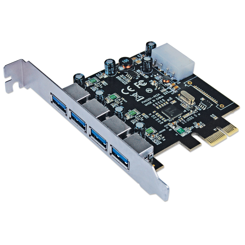 152891 Tarjeta PCI express USB 3.0 de 4 puertos, soporte de perfil estándar, añade cuatro puertos alineados SuperSpeed USB externos.