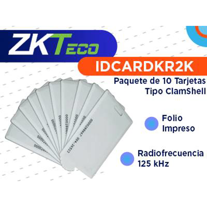 ZKTECO IDCARDKR2K - Paquete con 10 Tarjetas ID con Frecuencia de 125 kHz, Tipo Clamshell (Perforada y Grosor de 1.88 mm) con Folio Impreso